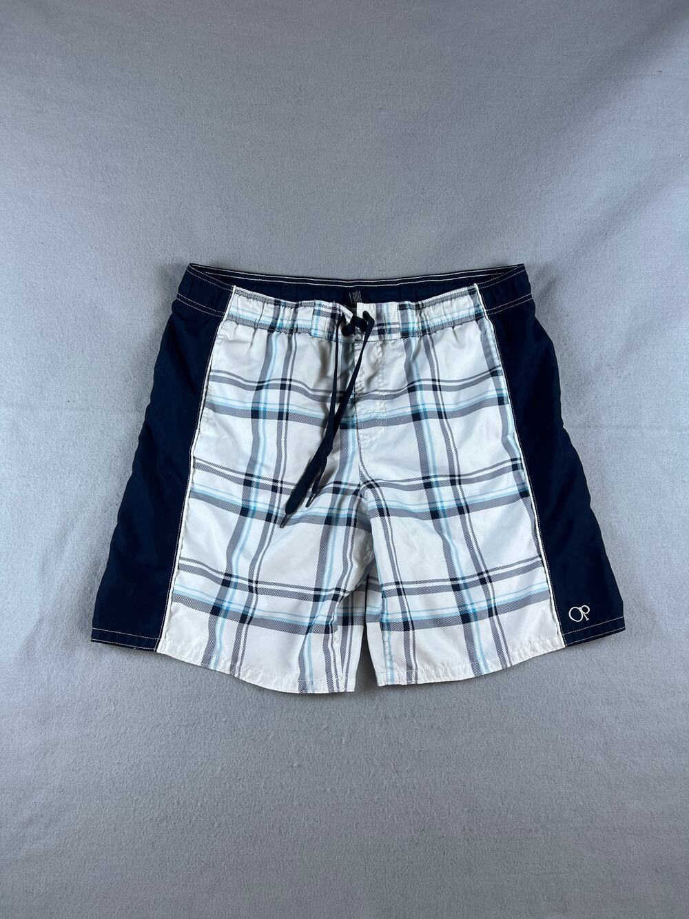 Ocean Pacific Board Shorts Mens L Blue White Plaid Mesh Lined Beach Swim Trunks
